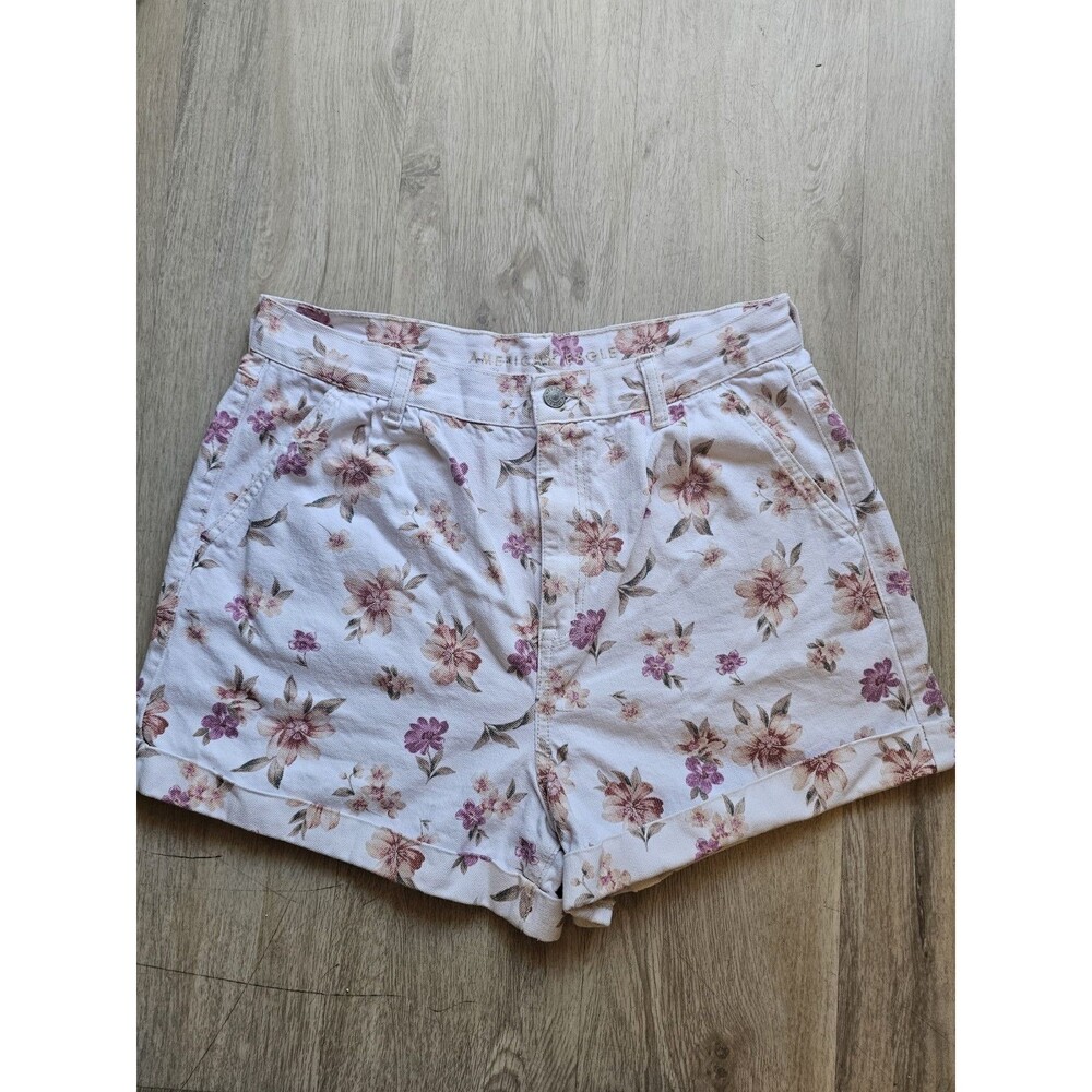 American Eagle Floral Mom Shorts Size 12 Denim White Pink Jean Spring Summer - Picture 1 of 9